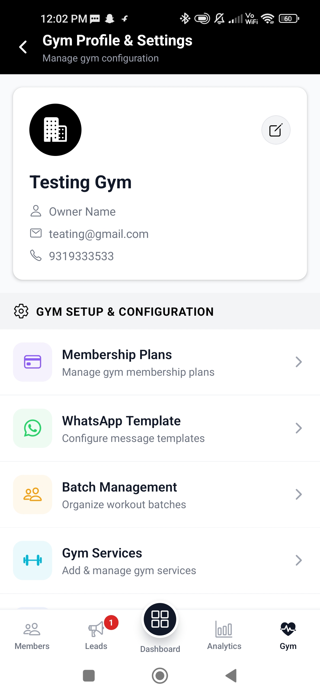 ZymGoo Owner App - Gym Profile & Settings